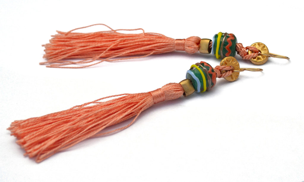 Carnavero earrings,  Murano handmade glass art with gold plated parts. Silk tassel. Gold filled ear pieces.