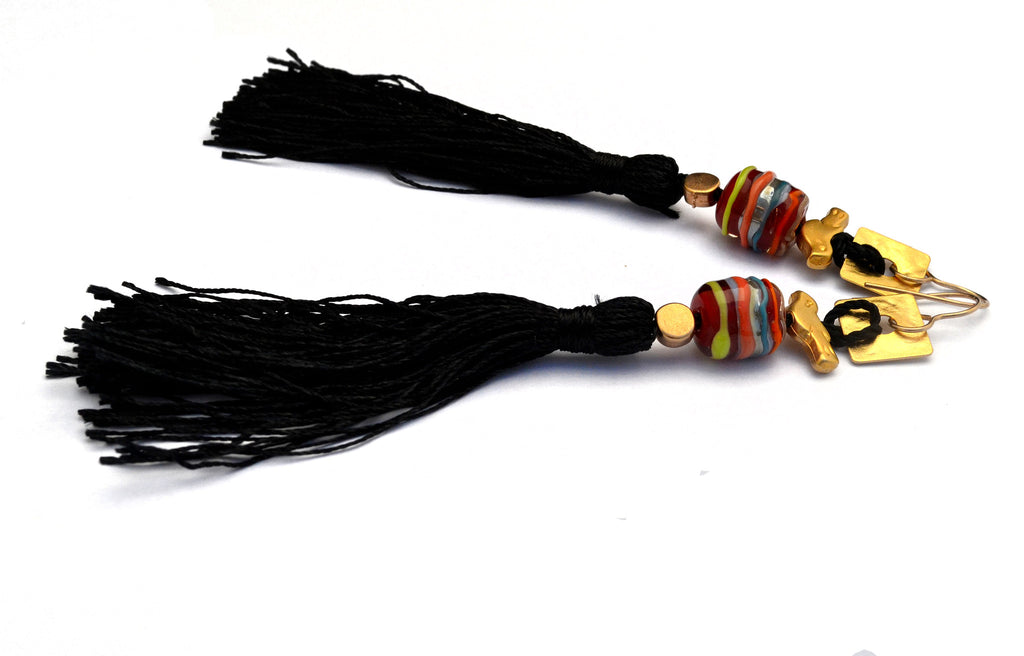 Carnavero earrings,  Murano handmade glass art with gold plated parts. Silk tassel. Gold filled ear pieces.