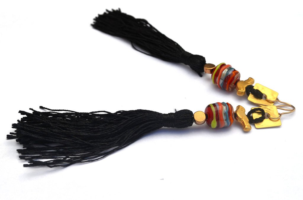 Carnavero earrings,  Murano handmade glass art with gold plated parts. Silk tassel. Gold filled ear pieces.