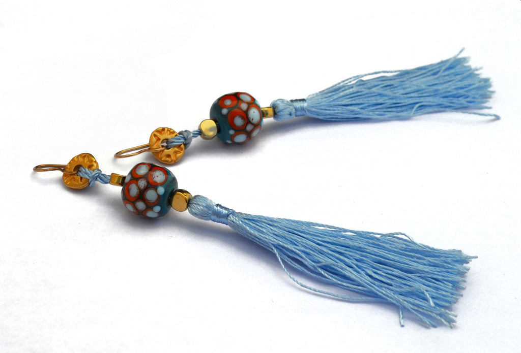Carnavero earrings,  Murano handmade glass art with gold plated parts, retro style Silk tassel. Gold filled ear pieces.