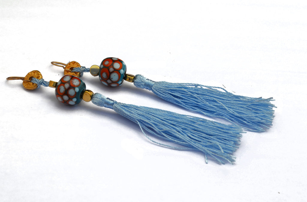Carnavero earrings,  Murano handmade glass art with gold plated parts, retro style Silk tassel. Gold filled ear pieces.