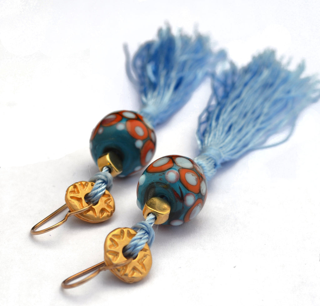 Carnavero earrings,  Murano handmade glass art with gold plated parts, retro style Silk tassel. Gold filled ear pieces.