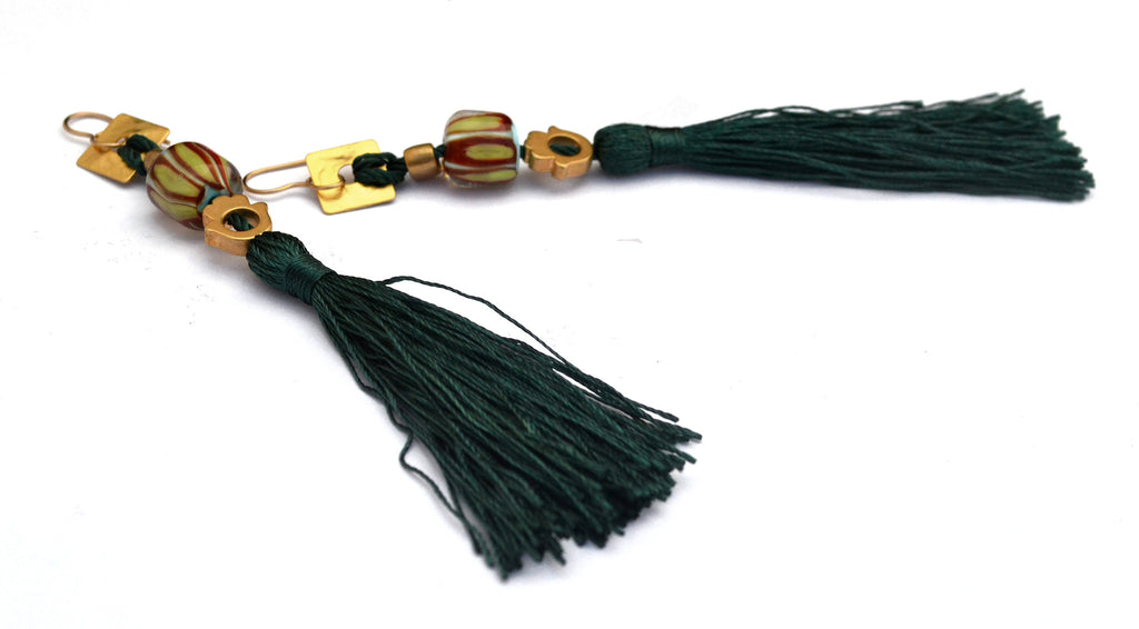 Carnavero earrings,  Retro style Murano handmade glass art with gold plated parts. Silk tassel. Gold filled ear pieces.