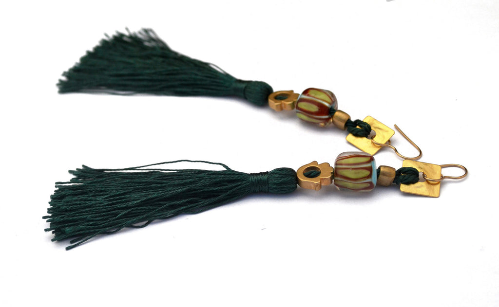 Carnavero earrings,  Retro style Murano handmade glass art with gold plated parts. Silk tassel. Gold filled ear pieces.
