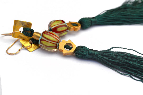 Carnavero earrings,  Retro style Murano handmade glass art with gold plated parts. Silk tassel. Gold filled ear pieces.