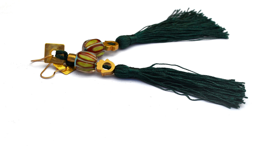 Carnavero earrings,  Retro style Murano handmade glass art with gold plated parts. Silk tassel. Gold filled ear pieces.