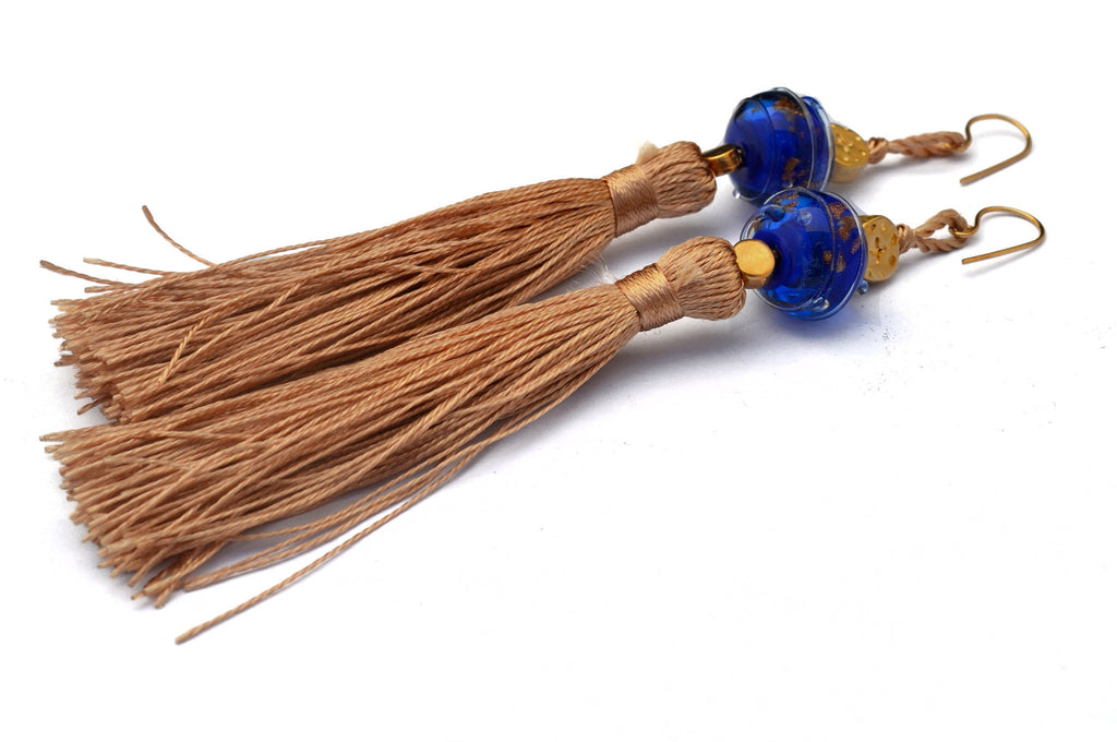 Carnavero earrings,  Murano handmade glass art with gold plated parts. Silk tassel. Gold filled ear pieces.