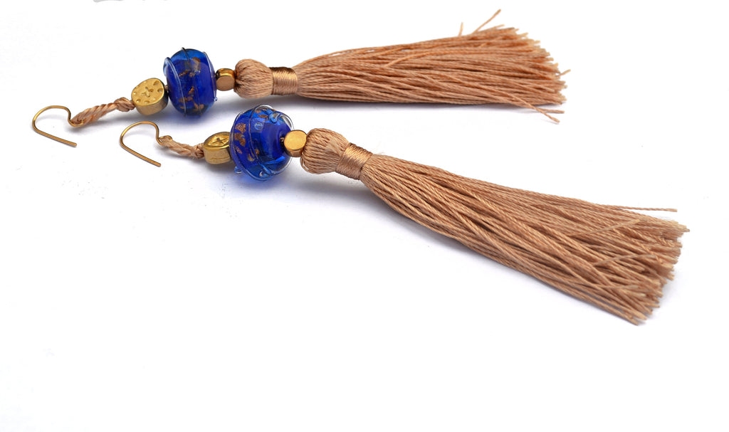 Carnavero earrings,  Murano handmade glass art with gold plated parts. Silk tassel. Gold filled ear pieces.