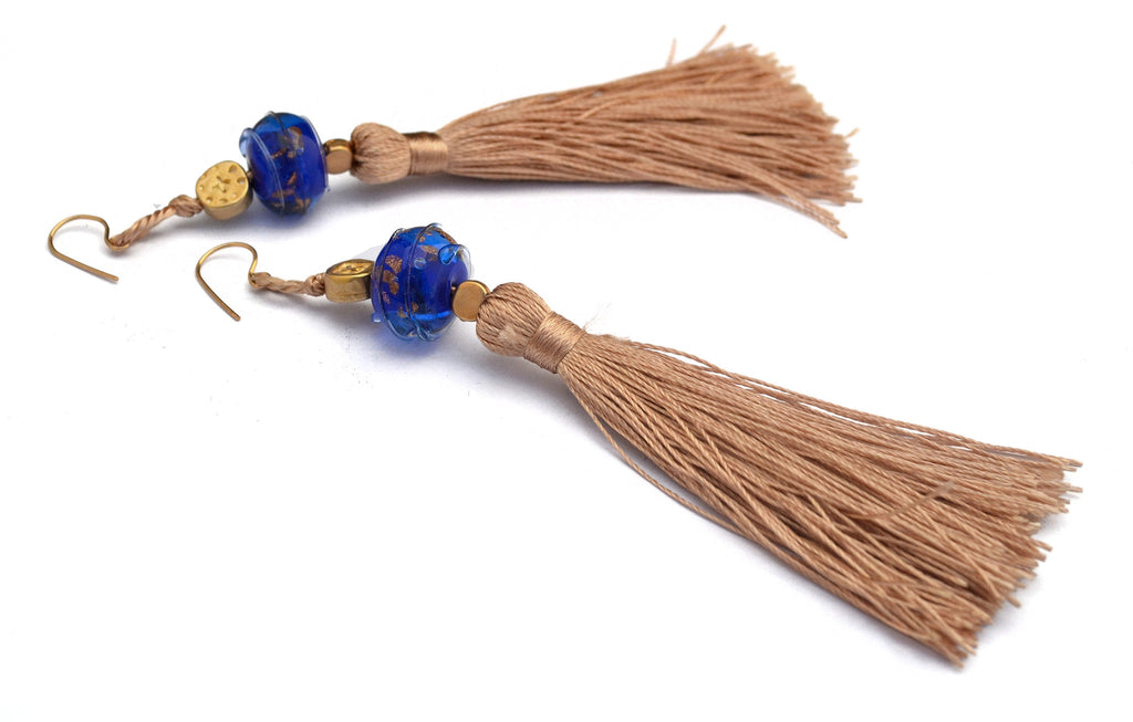 Carnavero earrings,  Murano handmade glass art with gold plated parts. Silk tassel. Gold filled ear pieces.