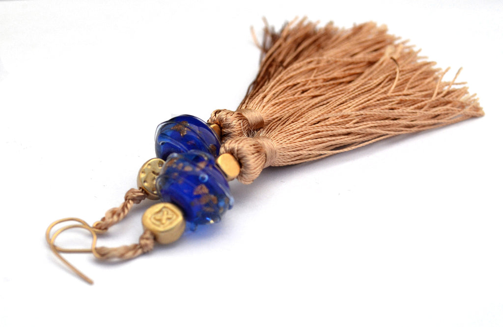Carnavero earrings,  Murano handmade glass art with gold plated parts. Silk tassel. Gold filled ear pieces.