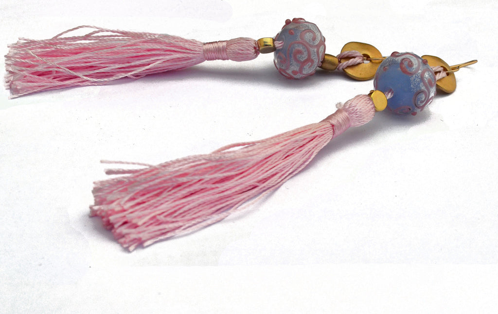Carnavero earrings,  Murano handmade glass art with gold plated parts. Silk tassel. Gold filled ear pieces.