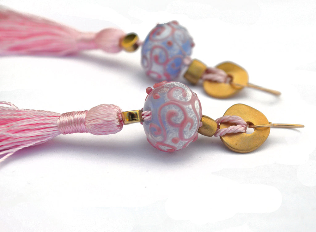 Carnavero earrings,  Murano handmade glass art with gold plated parts. Silk tassel. Gold filled ear pieces.