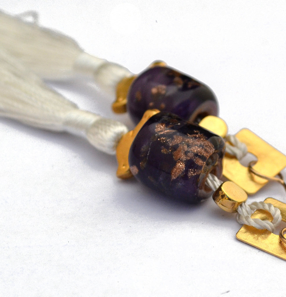 Carnavero earrings,  Murano handmade glass art with gold plated parts. Silk tassel. Gold filled ear pieces.