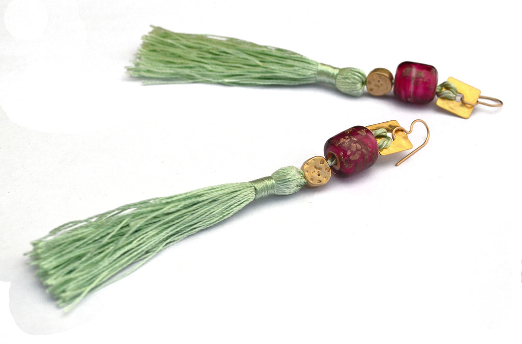 Carnavero earrings,  Murano handmade glass art with gold plated parts. Silk tassel. Gold filled ear pieces.