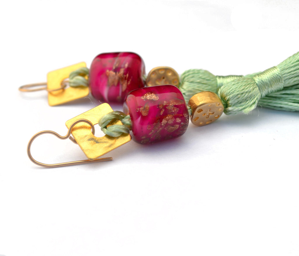 Carnavero earrings,  Murano handmade glass art with gold plated parts. Silk tassel. Gold filled ear pieces.