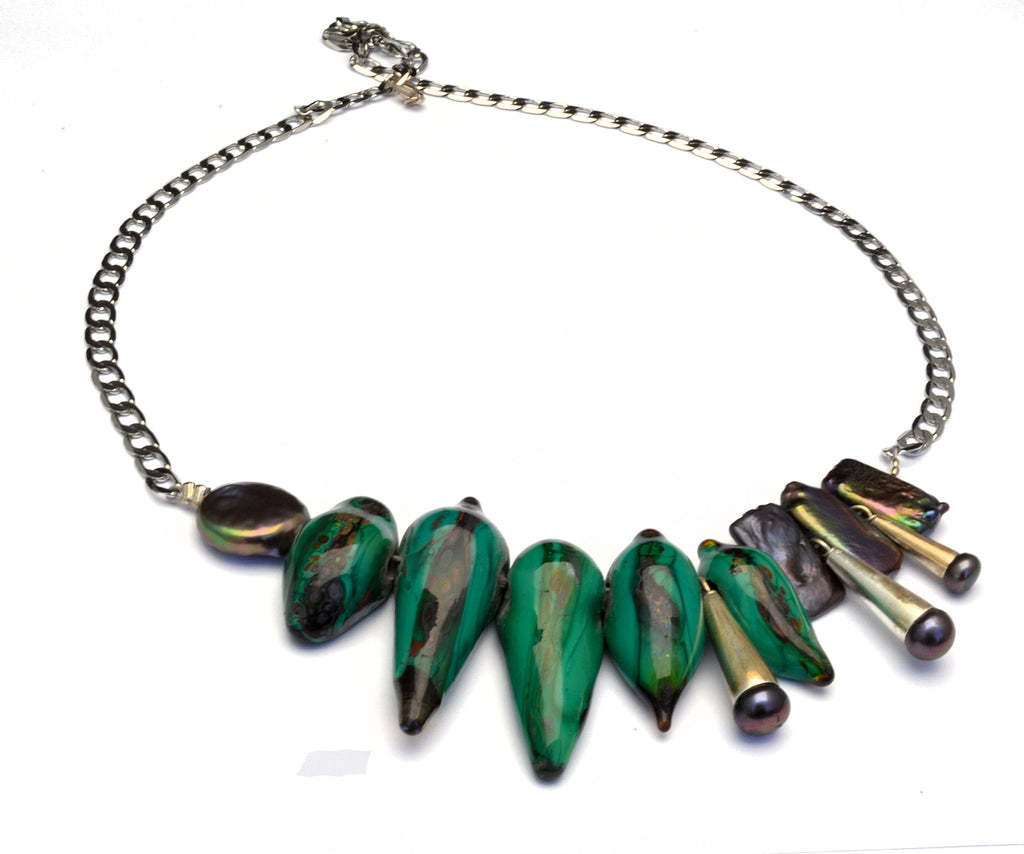 Moonlight serenade. Murano handmade glass art with pearls and silver parts.