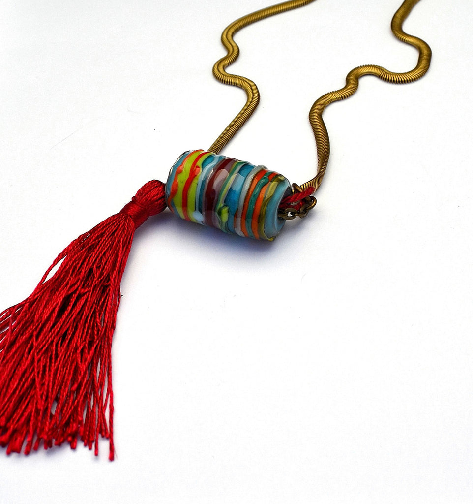 Carnavero Moreno handmade glass pendant. Silk tassel