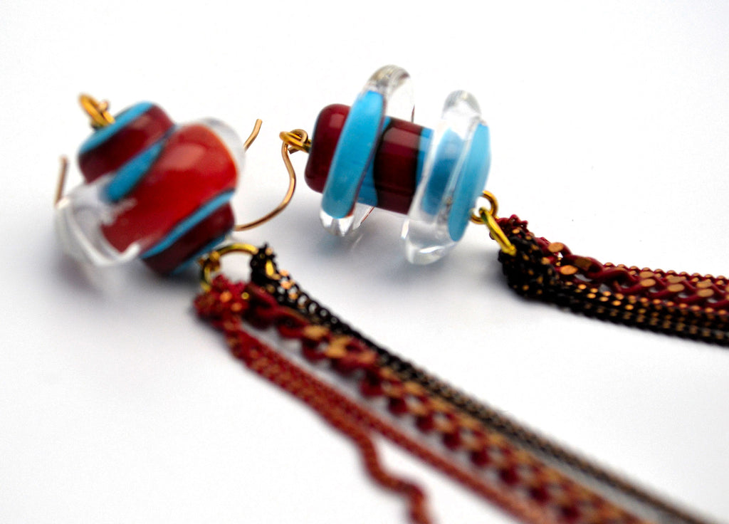 Cleopatra earrings. Murano glass art with nickel and whine red chain. Gold filled ear pieces