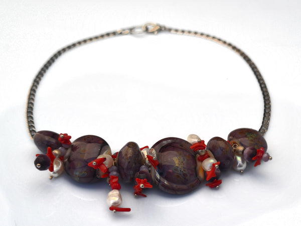 Purple glass art statement necklace