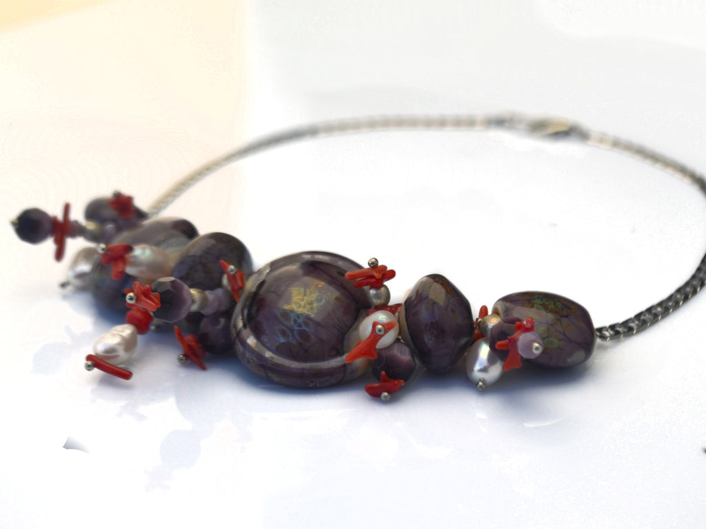 Purple glass art statement necklace