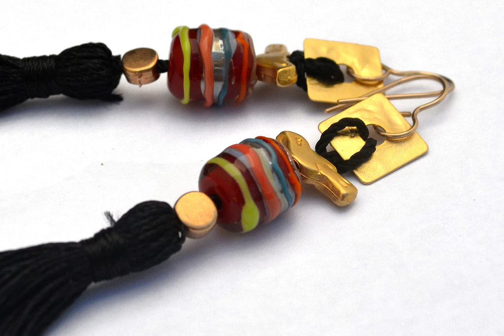 Carnavero earrings,  Murano handmade glass art with gold plated parts. Silk tassel. Gold filled ear pieces.