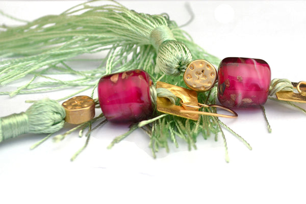 Carnavero earrings,  Murano handmade glass art with gold plated parts. Silk tassel. Gold filled ear pieces.
