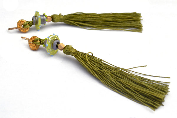 Carnavero earrings,  Murano handmade glass art with gold plated parts. Silk tassel. Gold filled ear pieces.