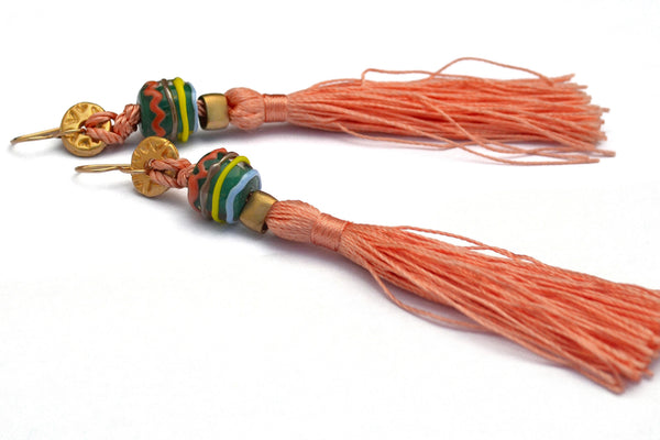 Carnavero earrings,  Murano handmade glass art with gold plated parts. Silk tassel. Gold filled ear pieces.