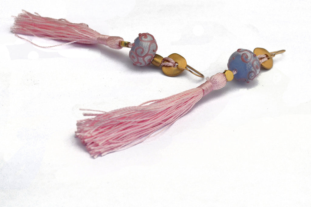Carnavero earrings,  Murano handmade glass art with gold plated parts. Silk tassel. Gold filled ear pieces.