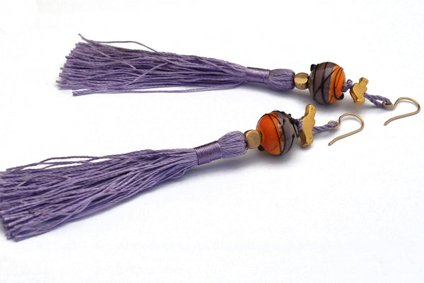 Carnavero earrings,  Murano handmade glass art with gold plated parts. Silk tassel. Gold filled ear pieces.