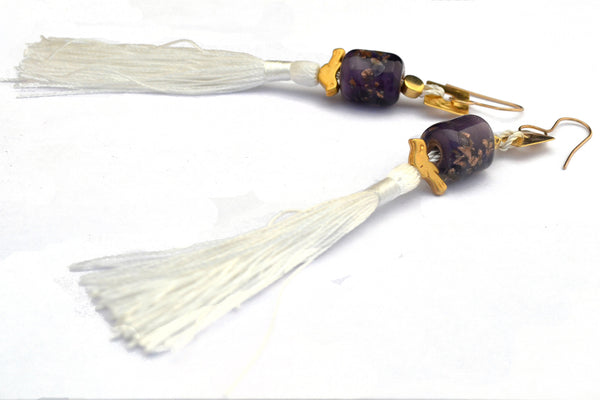 Carnavero earrings,  Murano handmade glass art with gold plated parts. Silk tassel. Gold filled ear pieces.