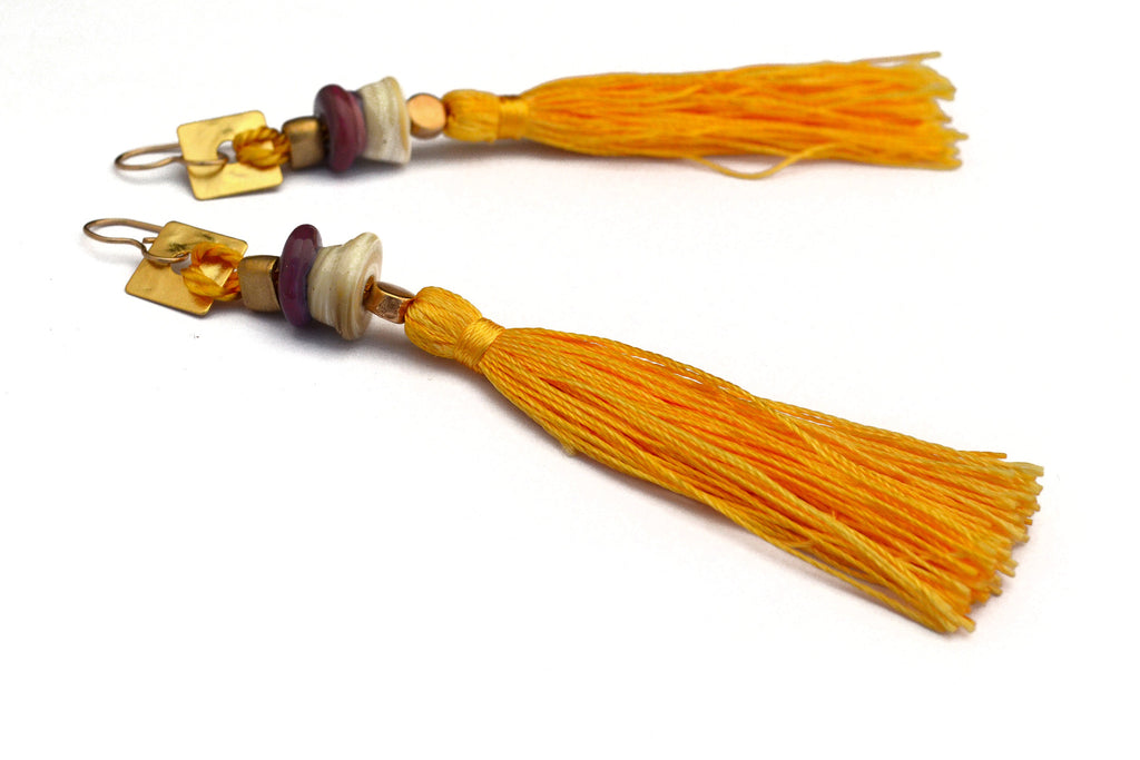 Carnavero earrings,  Murano handmade glass art with gold plated parts. Silk tassel. Gold filled ear pieces.