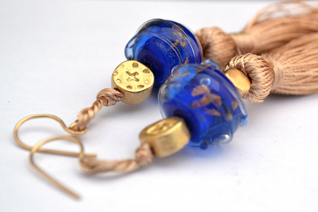Carnavero earrings,  Murano handmade glass art with gold plated parts. Silk tassel. Gold filled ear pieces.