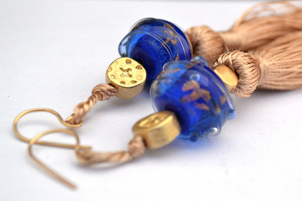 Carnavero earrings,  Murano handmade glass art with gold plated parts. Silk tassel. Gold filled ear pieces.