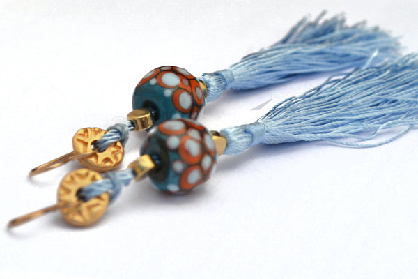 Carnavero earrings,  Murano handmade glass art with gold plated parts, retro style Silk tassel. Gold filled ear pieces.
