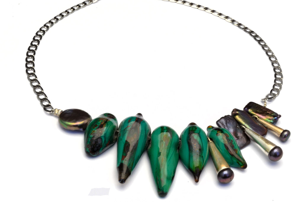 Moonlight serenade. Murano handmade glass art with pearls and silver parts.