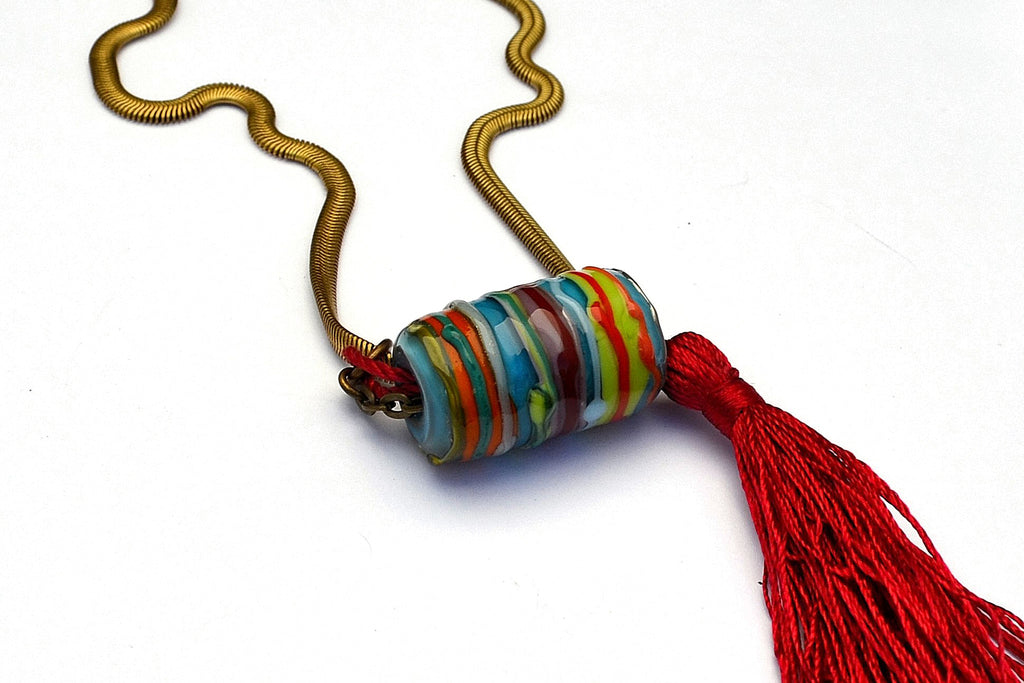 Carnavero Moreno handmade glass pendant. Silk tassel