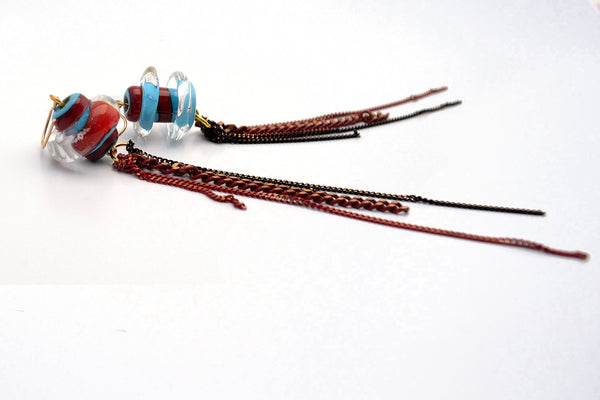 Cleopatra earrings. Murano glass art with nickel and whine red chain. Gold filled ear pieces